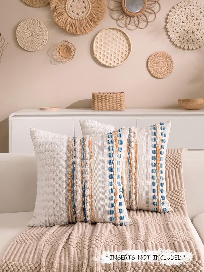 KOOLIFE Boho Chenille Tufted Couch Throw Pillow Covers 18x18 Inch Set of 2 Farmhouse Striped Decorative Pillow Covers Accent Neutral Pillowcase Caramel Brown Blue Cushion Cover for Livingroom Sofa Bed