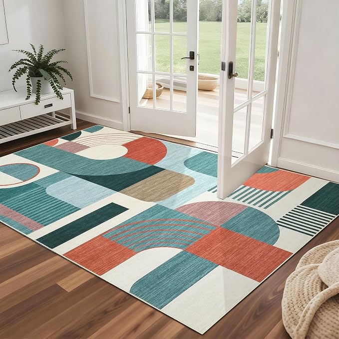 3x5 Washable Rug for Bedroom, Boho Geometric Small Area Rugs for Living Room Entryway Soft Low Pile Non-Slip Indoor Rug for Playroom Dorm, Blue Multi, 3'x5'
