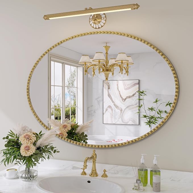 Gold Oval Bathroom Mirror, 40x30 Inch Floral Oval Mirrors for Wall, Antique Gold Metal Floral Frame Mirrors for Bedroom Living Room Hallway, Hangs Horizontally or Vertically