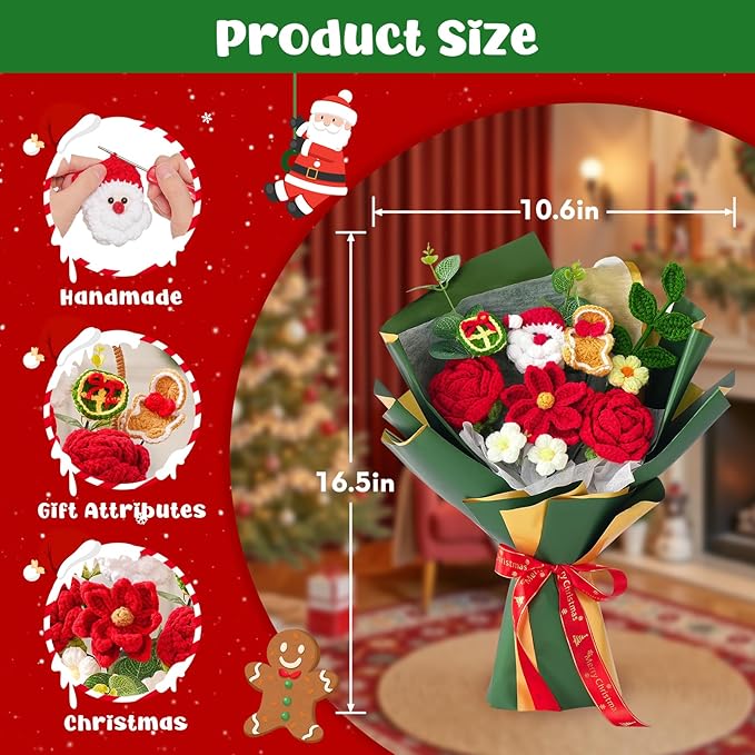 Crochet Flower Bouquet, Handmade Knitted Flowers, Green Crochet Bouquet for Lover Christmas,Birthday, Anniversary, Wedding Gifts(Include Card)