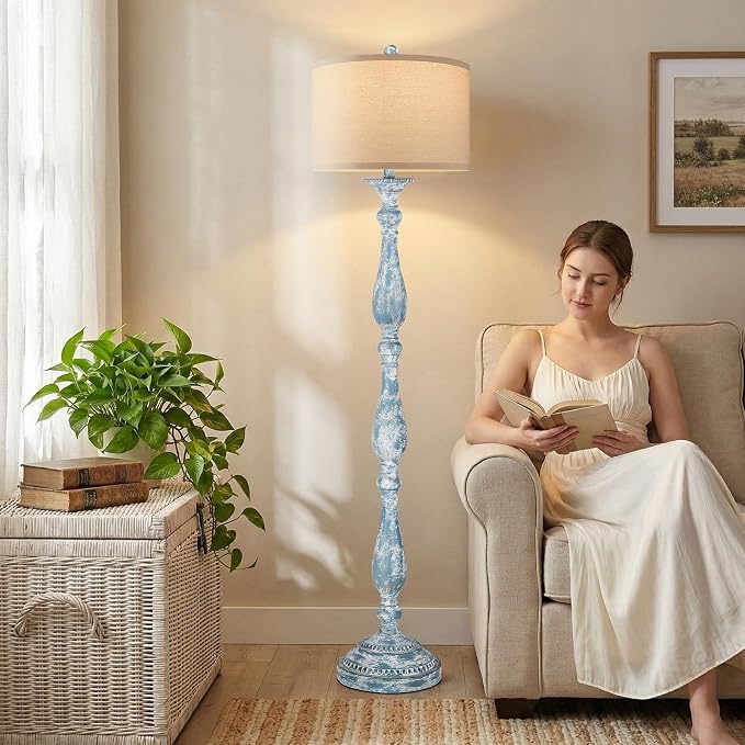 PARTPHONER Vintage Floor Lamp for Living Room, Rustic Farmhouse Standing Lamp with Rotary Switch and Linen Shade, Retro Resin Floor Lamp for Bedroom, Corner, Dining Room, House Decor, Wash Blue