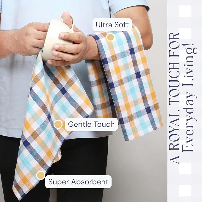 Check Dish Towels 12 Pack, 18"x26", Absorbent Hand Towels for Kitchen Use, Quick Dry Cloths, Durable Washable Rags, Reusable Dishcloth Set - Indigo Blue, Mustard Yellow, Aqua Blue