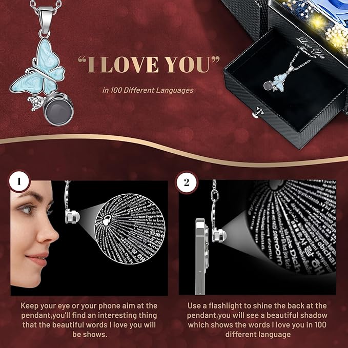 Preserved Sky Blue Real Rose with I Love You Butterfly Necklace-Eternal Flowers Rose Birthday Gifts for Women Wife Mom Girlfriend Grandma on Mothers Day Valentines Anniversary Christmas Romantic