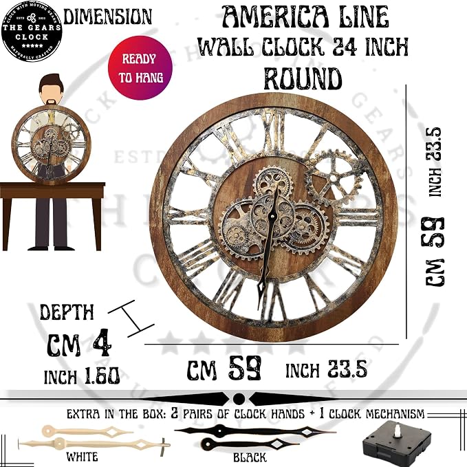 ImprovingLife The Gears Clock The Original Real Moving Gear Wall Clock Vintage Industrial Oversized Rustic Farmhouse (24 inch (60cm),Silver Grey)