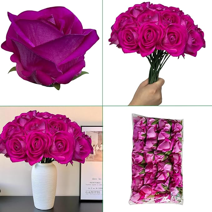 FagusHome 30 Pcs Silk Rose Artificial Flowers Roses Bulk Bouquet Fake Flowers Rose Heads with Stems for Home Wedding Decor (Purple)