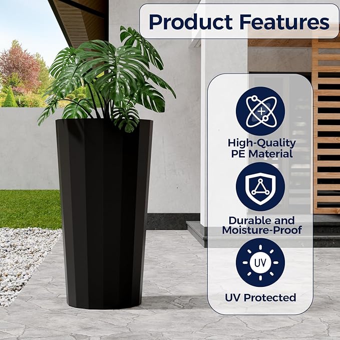 23.6" Tall Outdoor Planters Set of 2, Large Planters for Outdoor Plants for Porch Decor with Drainage Hole, Wide Stripe Design Porch Flower Pots for Indoor Pot Patio/Garden, Black