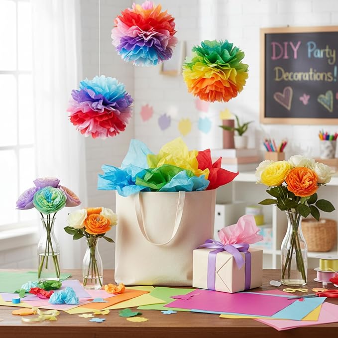 Qilery 500 Sheets Colored Rainbow Tissue Paper Bulk for Gift Bags 15 x 20 Inch Acid Free Packaging Wrapping Decoupage Paper Sheets Christmas Wedding Decoration DIY Flowers, Pom Poms, Party Supplies