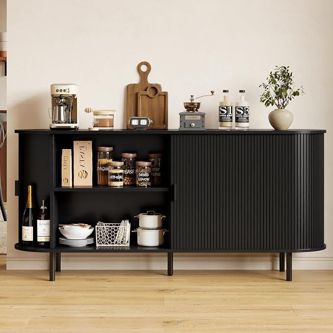 Buffet Sideboard Cabinet with Storage, 63" Fluted Cabinet with Sliding Door & Adjustable Shelf, Modern Accent Coffee Bar Console Table for Kitchen, Entryway, Black