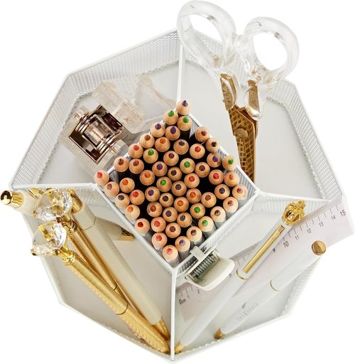 Annova Mesh Desk Organizer - 5-Compartment Spinning Tidy for Office & Home | White