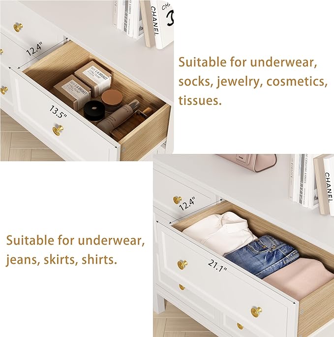White 9 Drawers Dresser for Bedroom, 59'' Large Wood Dresser with Gold Handles, Modern Wide Chest of Storage Drawers for Hallway, Living Room