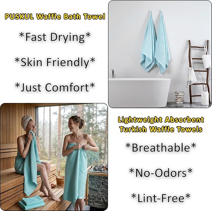 PÜSKÜL Natural 100% Turkish Cotton Waffle Bath Towels Set of 2-Piece | 32x63 Extra Large Absorbent Quick-Dry Lightweight Spa Towel | Luxury Sauna Accessories (Aqua Turquoise Bath Towels - Pack of 2)