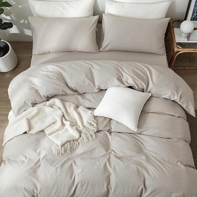 MooMee Bedding Duvet Cover Set 100% Washed Cotton Linen Like Textured Breathable Durable Soft Comfy (Heathered Cream Grey, Full 80"x90")