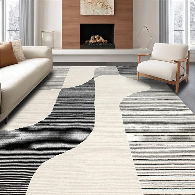 Flatwoven High Traffic Area Rug 8x10, Modern Zebra Inspired Abstract Stripe with Dynamic Flowing Lines, Non Slip, Stain Resistant, Washable Area Rugs for Living Room, Bedroom (Black, 8x10)