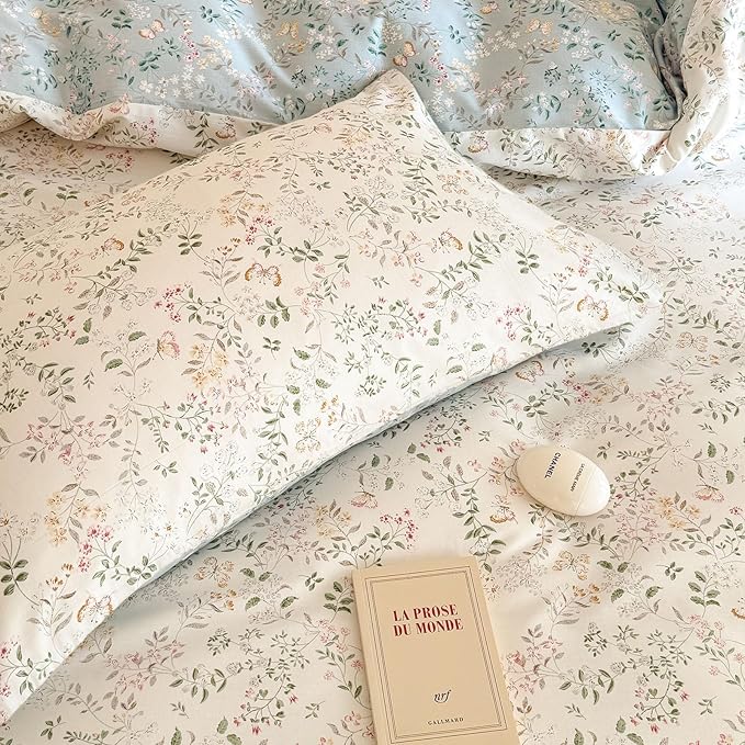EAVD Garden Vibrant Floral Duvet Cover Full White Soft 100% Cotton Chic Shabby Spring Floral Bedding Set with 2 Pillowcases Reversible Botanical Print Duvet Cover with Zipper Closure