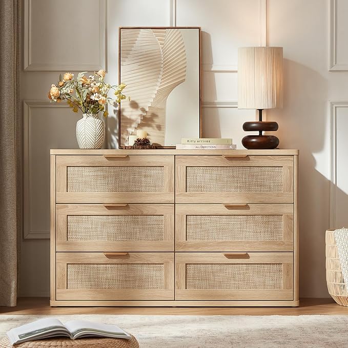 LEYAOYAO Rattan Dresser for Bedroom Set of 2, Boho 48" Wide 6 Drawer Dresser Chest of Drawers, Natural Wood Dressers TV Stand with Metal Handle, Storage Dressers Organizer for Living Room, Hallway