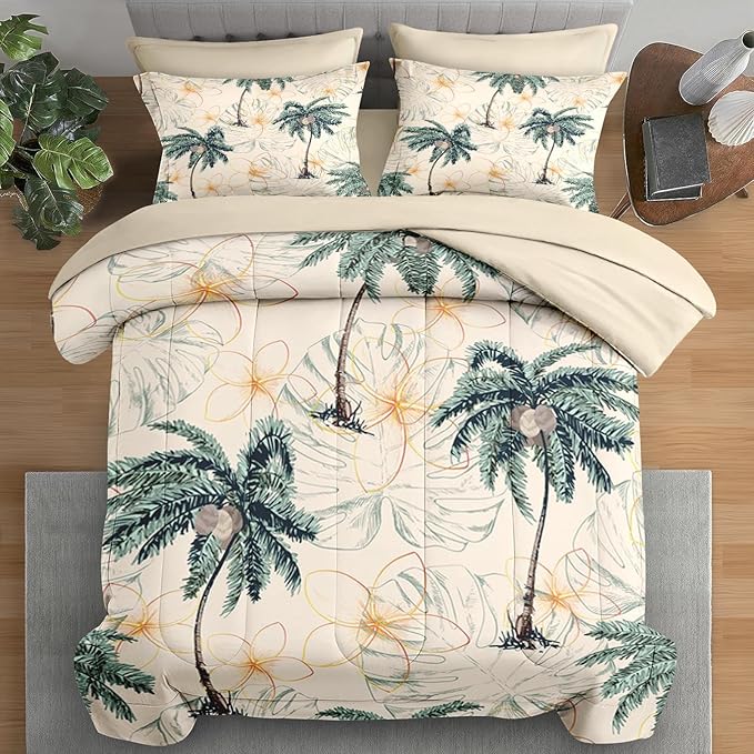 Comforter Set Full Size, Tropical Botanical Palm Summer 7 Pcs Bedding for Kids and Adults, Hawaiian Coconut Tree Bed Sheet Sets with Fitted Sheet 2 Pillowcase & 2 Sham for Bedroom Bed Decor