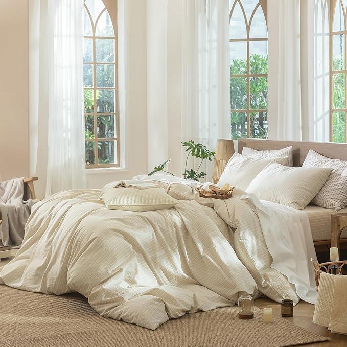 MooMee Striped Duvet Cover Set 100% Washed Cotton Linen Like Textured Breathable Durable Soft Comfy (Almond Milk Grey White Wide Stripes, Super King 108"x98")