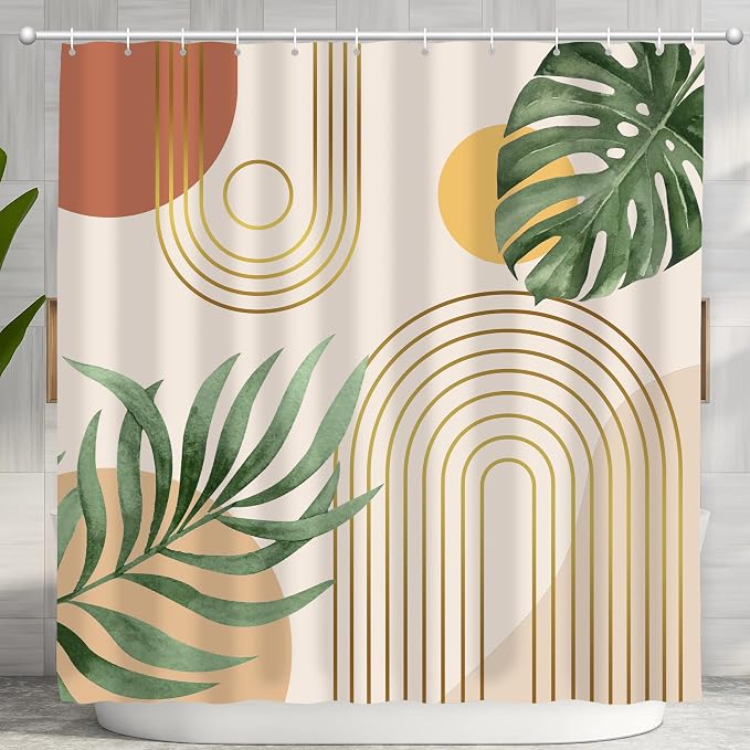 Mid Century Abstract Boho Aesthetic Shower Curtain Set, Green Nature Leaf Sun Modern Minimalist Home Bathroom Curtain Decor with 12 Hooks 72 Inch Wide * 84 Inch High