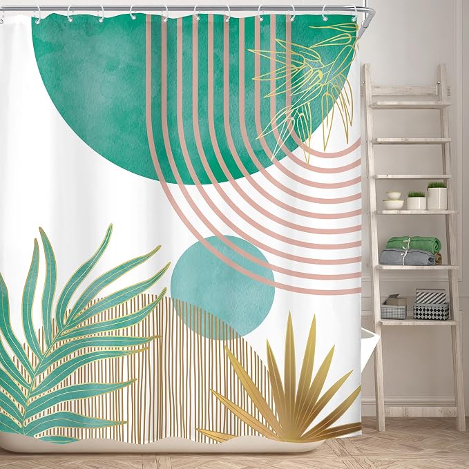 KOMLLEX Mid Century Green Pink Boho Shower Curtain 60Wx72L Inches Abstract Modern Shower Curtains for Bathroom Decor Plant Botanical Minimalist Arch Sun Fabric Liner Waterproof Polyester 12 Pack Hooks