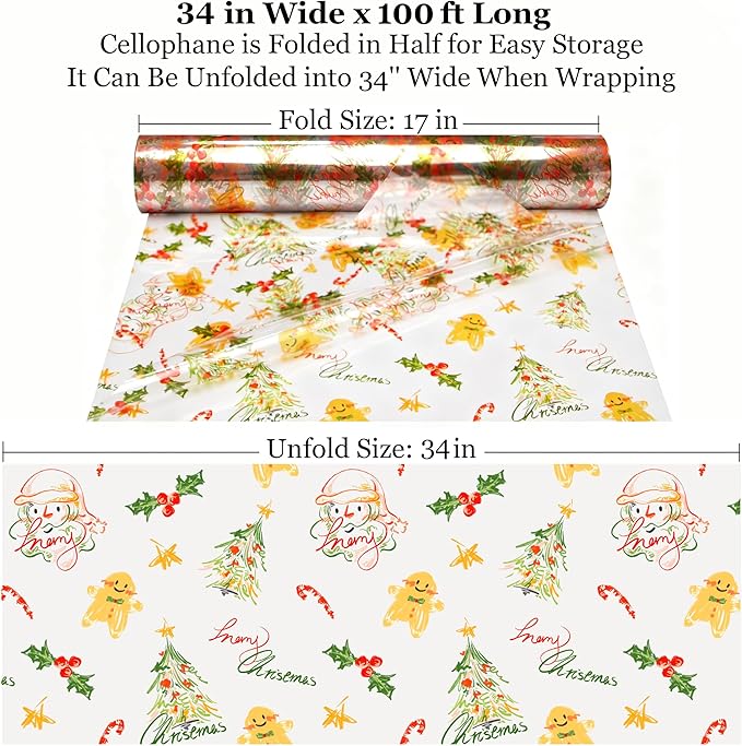 SYOGUA Clear Cellophane Wrap with Christmas Designs, 100 Ft x 34 In Extra Wide Cellophane Roll Christmas Cellophane Paper for Gifts, Baskets, Treats, Candies, Favors, Decoration