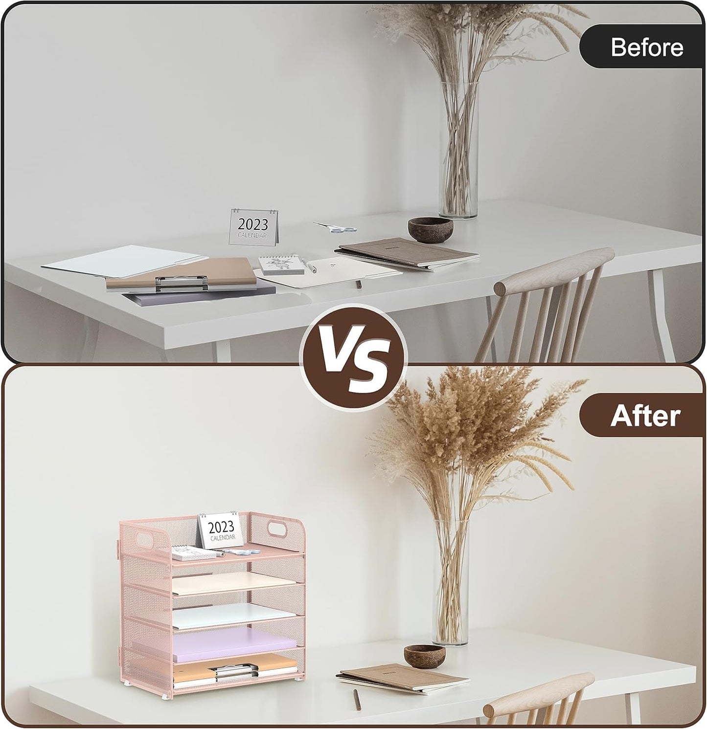 Supeasy Paper Organizer - 5-Tray Letter Tray with Handle | Mesh Desk File Holder in Pink