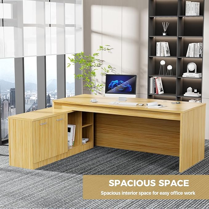 Modern L-Shaped Executive Desk，Office Desk with Spacious Desktop,Large Storage, Wood Construction,Cable Management for Home and Office (Light Walnut/Left Cabinet, 78.7" L*31.5" W*29.5" H)
