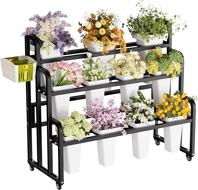 Heavy Duty 3-Layer Metal Flower Display Stand, 11-Bucket Flower Bar with Tool Basket, Thickened Frame & 360° Swivel Wheels, Flower Cart for Patio, Garden, Florist, Wedding & Party (Black)