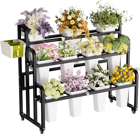 Heavy Duty 3-Layer Metal Flower Display Stand, 11-Bucket Flower Bar with Tool Basket, Thickened Frame & 360° Swivel Wheels, Flower Cart for Patio, Garden, Florist, Wedding & Party (Black)