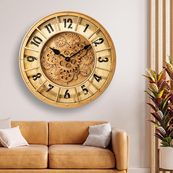 18 Inch Large Gear Clock with Realistic Moving Gears Industrial-Style Steampunk Wall Decor Clock Ideal for Living Rooms, Home Offices, Factories, Bedrooms, Warehouses, and Cabins (Gold, 18 inch)