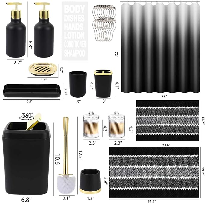 XLHOMO 25PCS Black Bathroom Accessories Sets Complete, with Shower Curtain, Rugs, Trash Can and Toilet Brush, Soap Dispenser, Toothbrush Holder and Cup, Soap Dish, Qtip Holder, Bathroom Decor Sets