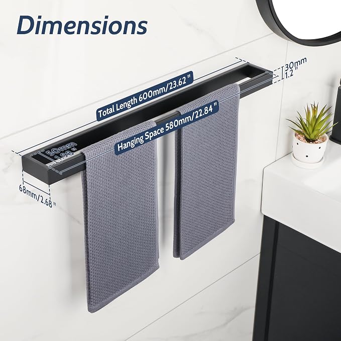 Sayayo Matte Black Towel Bar for Bathroom, 24 Inch Hand Towel Holder Wall Mount Square Towel Ring SUS304 Stainless Steel Towel Rack