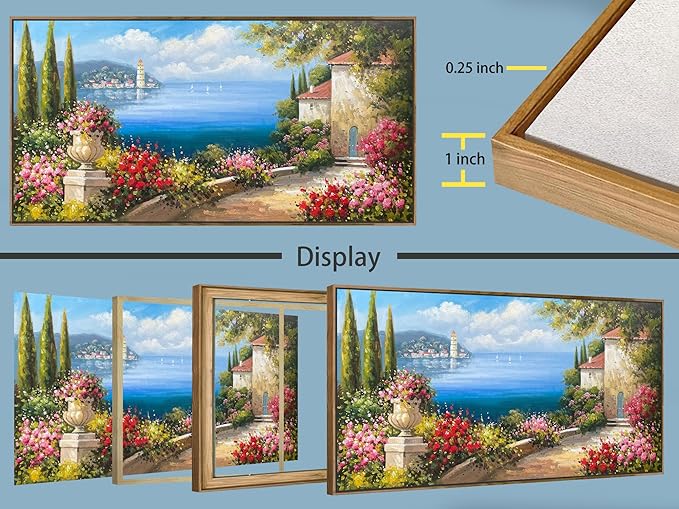 Arjun Large Wood Framed Landscape Wall Art Canvas Living Room Hand Painted, Mediterranean Seascape Painting Bedroom Flower Blue Ocean Picture Artwork Home Office Wall Decor, 48"x24"