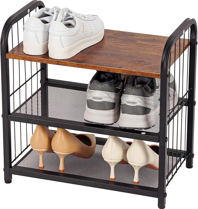 BWOORACKU 3-Tier Shoe Rack with Guardrails, Heavy-Duty Metal Mesh Shelves & Rustic Wooden Top - Space-Saving Organizer for Closet, Entryway, and Hallway (Holds 1-2 Pairs/Shelf)