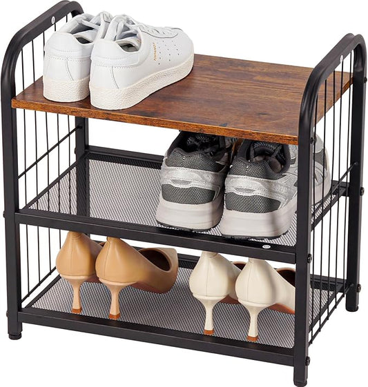 BWOORACKU 3-Tier Shoe Rack with Guardrails, Heavy-Duty Metal Mesh Shelves & Rustic Wooden Top - Space-Saving Organizer for Closet, Entryway, and Hallway (Holds 1-2 Pairs/Shelf)