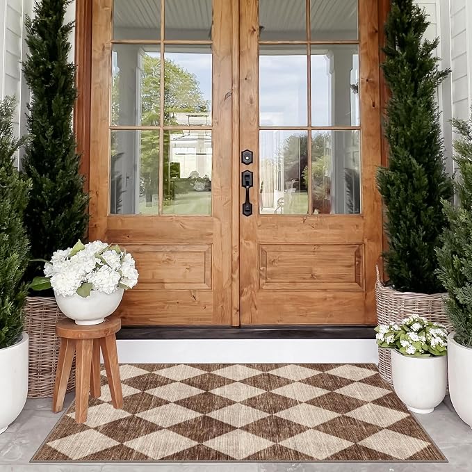 Checkered Entryway Rug - 28" x 43" Small Front Door Mat Indoor Outside Entrance Non-Slip Washable Outdoor Mat Rustic Brown Beige Modern Farmhouse Rug for Entryway Kitchen Bedroom Porch Decor