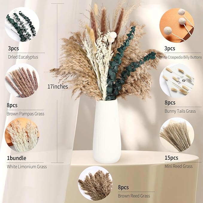 Musunny Dried Pampas Grass Decor ,17" Dried Flowers for Vase, Boho Dried Flower Bouquet with Eucalyptus for Farmhouse Home Room Office Décor