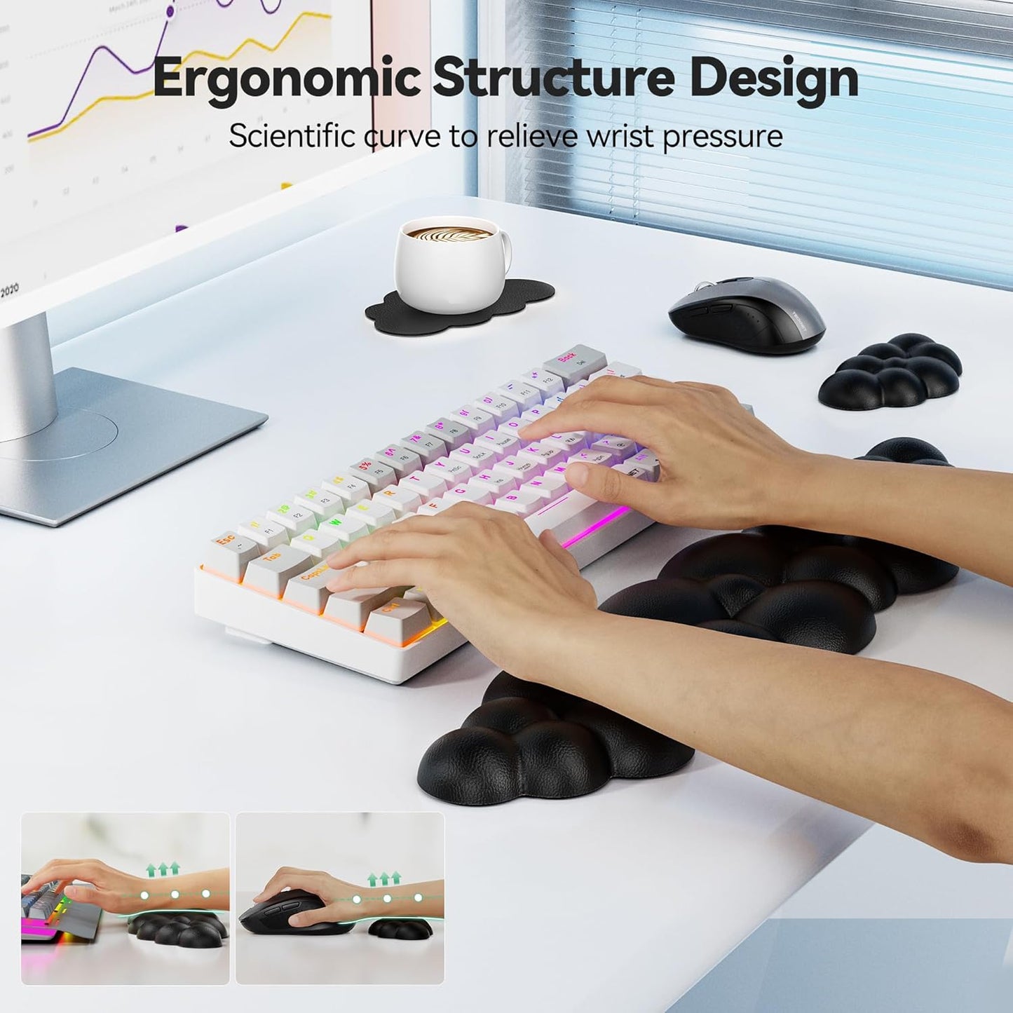 TECKNET Cloud Keyboard Wrist Rest Set - Ergonomic Memory Foam Pad with Non-Slip Base | Black