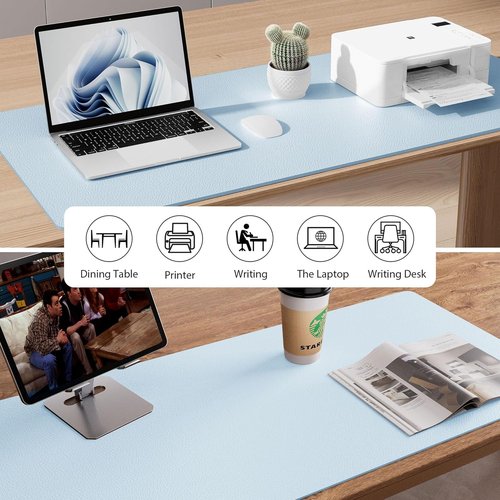 Aothia Leather Desk Pad - Non-Slip PU Leather Protector & Mouse Pad | Waterproof Office Mat (36" x 17", Baby Blue)