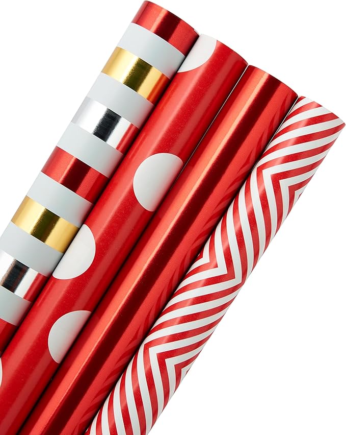 American Greetings Wrapping Paper Rolls for Christmas or Any Occasion, Metallic Gold and Red Holiday Gift Wrap (120 sq. ft., 4 Rolls-30 in. x 12 ft., Reversible) Stripes, Polka Dots, Zig Zags