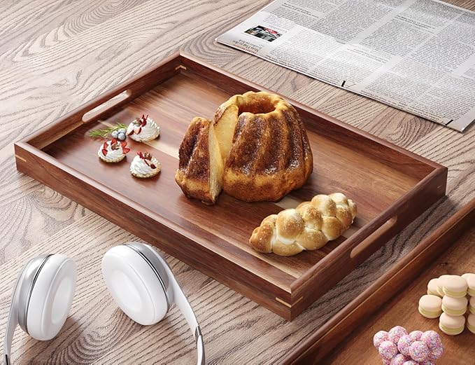 Fibogollo Set of 2 Acacia Wood Serving Tray with Handles,Decorative Trays Platter,Breakfast Tray in Bed,Food Drinks Tray for Eating,Working,Storing(Brown)