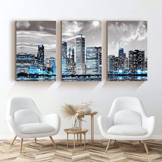 SERIMINO Wall Decor Living Room Modern City Chicago Skyline Large Canvas Wall Art for Bedroom Poster for Office Farmhouse 3 Pieces Set Wood Framed Night Scene Prints Paintings for Home 20"X28"