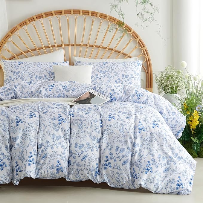 Nayoroom Blue Floral Duvet Cover Queen Size Cottagecore Botanical Flower Spring Comforter Cover 3 Pcs Soft Breathable Microfiber Pastoral Aesthetic Bedding Set Gift for Women