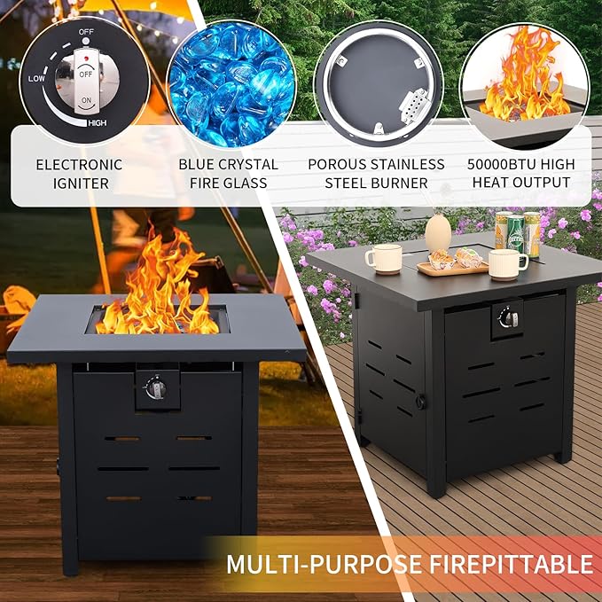 WAROOM Outdoor Propane Fire Pit, 28 Inch Patio Firepit Table with Fire Glass, and Waterproof Cover, for Outside Parties and Gatherings on Patio Garden Backyard Porch