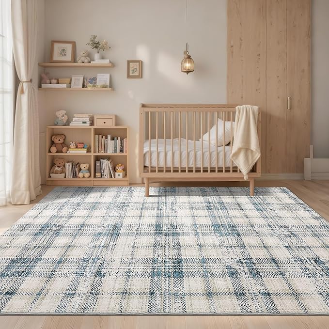 Modern Plaid Area Rugs 9x12 Living Room Washable Soft Rugs for Bedroom Tartan Large Rug Non Slip Throw Rugs Stain Resistant Carpet for Dining Room Office Nursery Rug 9'x12' Green/Beige