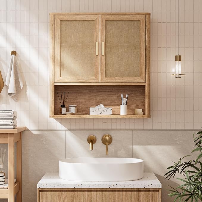 INNOD Rattan Bathroom Wall Cabinet with Open Compartments, Wall-Mounted Medicine Cabinet with Adjustable Wood Shelf & Doors, Over the Toilet Storage Cabinet for Laundry Room & Kitchen & Living Room