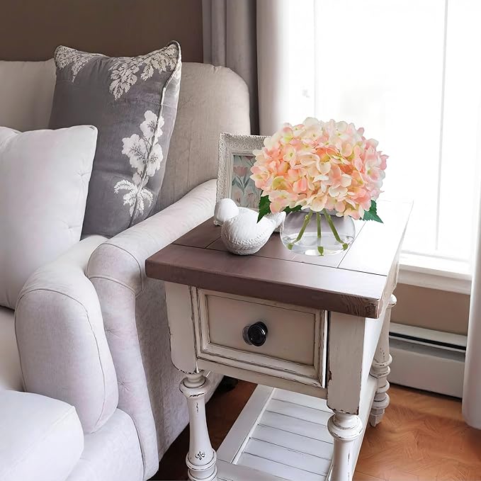 Hydrangea Artificial Flowers in Glass Vase, Powder Silk Fake Flowers Silk Centerpiece Table Decorations for Dining Room， Coffee Table Decor，Wedding, Home with Faux Water Decor（Pink）