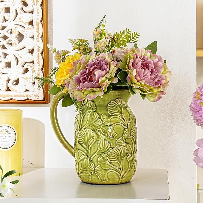 Sungmor Embossed Ceramic Pitcher Vase, Decorative Green Farmhouse Ceramic Pitcher for Flowers, Vintage Textured Vase for Table, Kitchen & Home Decor, 8 Inch with Ice Crackle Glaze Finish