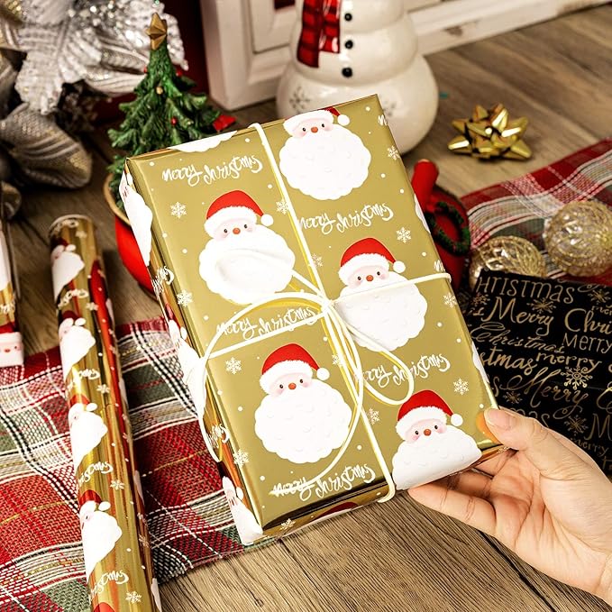 MAYPLUSS Gold Santa Claus Wrapping Paper Roll, 17IN X 33FT Christmas Gift Wrap Paper Featuring Reversible Merry Christmas for Holiday New Year Kids