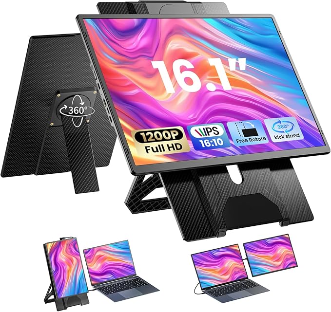 Enzion Laptop Screen Monitor Extender,1080P FHD Portable Monitor for Laptop, Built-in Speaker and Adjustable Backstand, Triple Screen Extender Compatible with Wins/MacOS/Chrome (Black, Dual-16Inch)