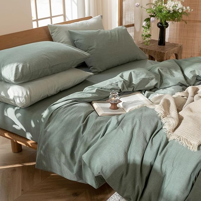 MooMee Bedding Duvet Cover Set 100% Washed Cotton Linen Like Textured Breathable Durable Soft Comfy (Heathered Green, Oversized Queen 98"x98")